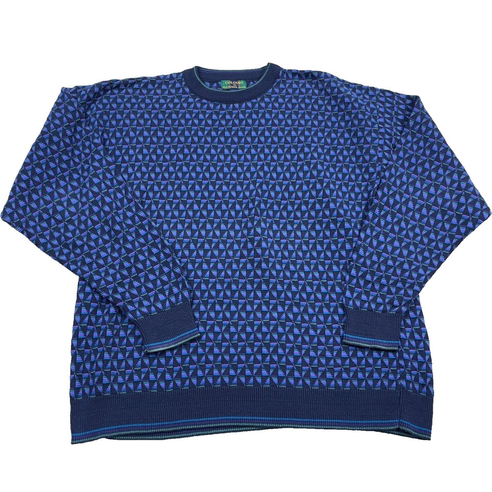Vintage Grandpa Sweater Men Large Blue Geometric Crewneck Cotton 90s USA Made
